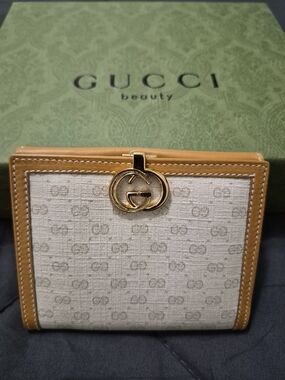 Gucci Beige Monogram Wallet with Tan Leather Trim